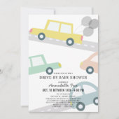 バルーン付き車の黄色のドライブバイベビーシャワー 招待状 (正面)