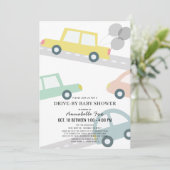 バルーン付き車の黄色のドライブバイベビーシャワー 招待状 (スタンド正面)