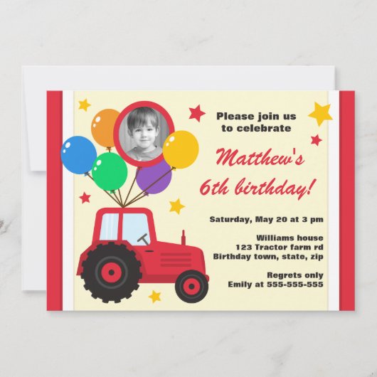 バルーン付き農用トラクター子供の誕生日写真 招待状 (正面)