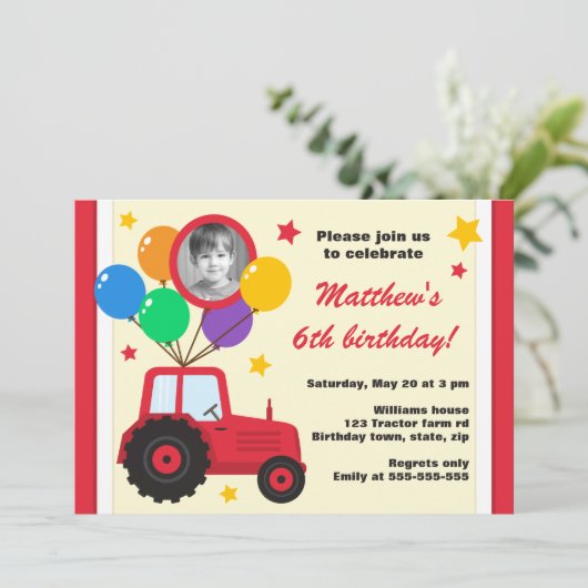 バルーン付き農用トラクター子供の誕生日写真 招待状 (スタンド正面)