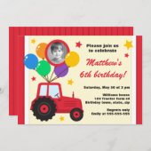 バルーン付き農用トラクター子供の誕生日写真 招待状 (正面/裏面)