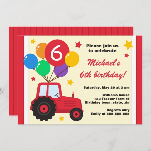 バルーン付き農用トラクタ子供の誕生日パーティー 招待状 (正面/裏面)