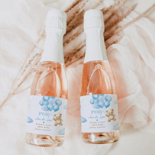 バルーン付き青いテディベア赤ちゃんシャワー スパークリングワインラベル