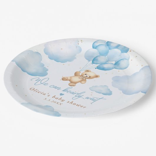 バルーン付き青いテディベア赤ちゃんシャワー ペーパープレート (アングル)