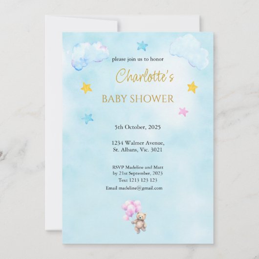 バルーン付カスタムきフローティング赤ちゃんシャワー 招待状 (裏面)