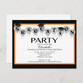 バルーン卒業パーティー招待状ブラックグラッドキャップ インビテーションポストカード (正面/裏面)