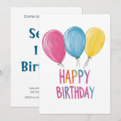 バルーン図解入りの、写真付きのハッピーバースデー 招待状 (正面/裏面)