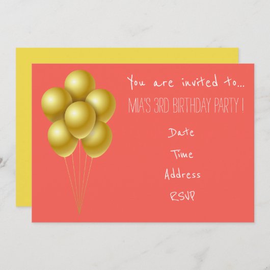 バルーン幼児の若い女の子の誕生日パーティー 招待状 (正面/裏面)