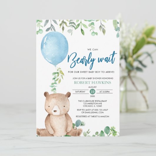 バルーン我々はbearly待つことができテディベア赤ちゃんシャワー 招待状 (スタンド正面)