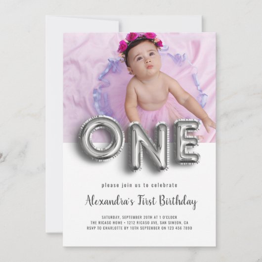 バルーン文字最初の誕生日写真パーソナライズされた 招待状 (正面)