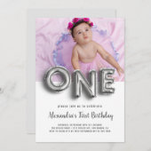 バルーン文字最初の誕生日写真パーソナライズされた 招待状 (正面/裏面)