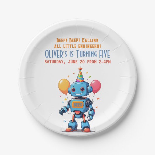 バルーン水彩付きロボットテーマ ペーパープレート (正面)