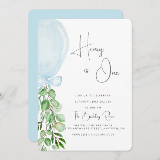 バルーン男の赤ちゃん1stバースデーファースト招待状 招待状 (正面/裏面)