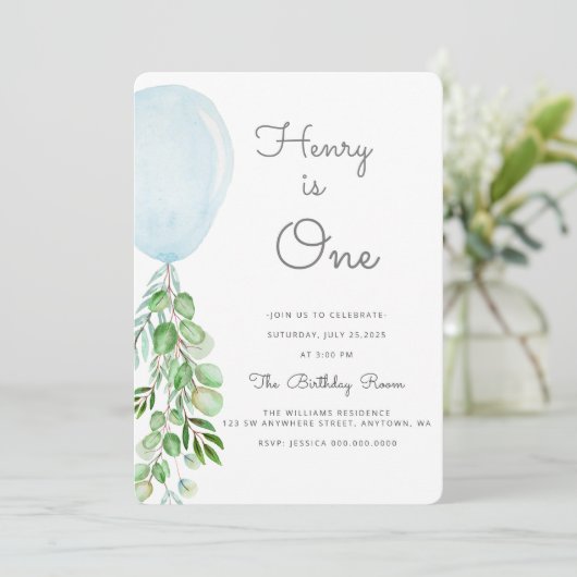バルーン男の赤ちゃん1st誕生日First Eucalyptus Inv 招待状 (スタンド正面)