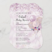 バルーン紫色のグリッターフローラバーチャルベビーシャワー 招待状 (正面/裏面)