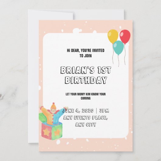 バルーン縁どピンクベビーガール玩具1st誕生日 招待状 (正面)