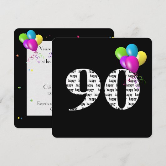 バルーン装飾でお祝いする90歳の誕生日パーティー 招待状 (正面/裏面)