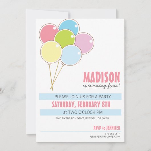 バルーン誕生日パーティーの子どもの招待状 招待状 (正面)
