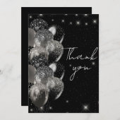 バルーン誕生日ブラックシルバーグリッターパーティー サンキューカード (正面/裏面)
