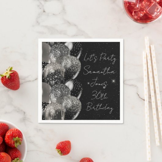 バルーン誕生日ブラックシルバーグリッターパーティー スタンダードカクテルナプキン (インサイチュ)