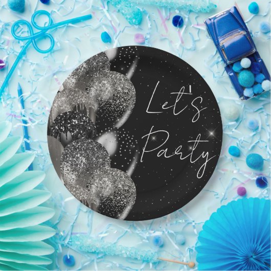 バルーン誕生日ブラックシルバーグリッターパーティー ペーパープレート (パーティー)