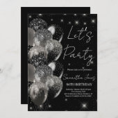 バルーン誕生日ブラックシルバーグリッター招待 招待状 (正面/裏面)