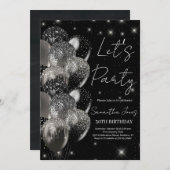 バルーン誕生日ブラックシルバーグリッター招待 招待状 (正面/裏面)