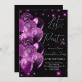 バルーン誕生日ブラックピンクグリッター 招待状 (正面/裏面)