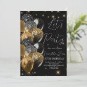バルーン誕生日ブラック金ゴールドグリッター 招待状 (スタンド正面)