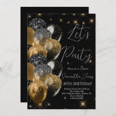 バルーン誕生日ブラック金ゴールドグリッター 招待状 (正面/裏面)