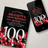 バルーン赤100誕生日 招待状