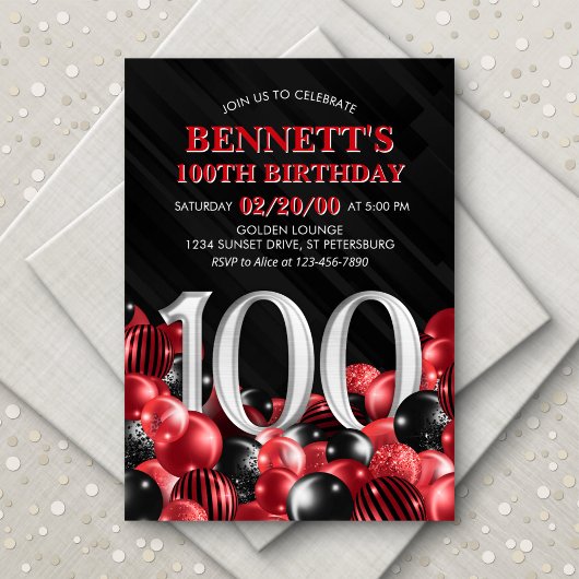 バルーン赤100誕生日 招待状