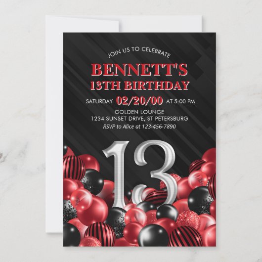 バルーン赤13誕生日 招待状 (正面)