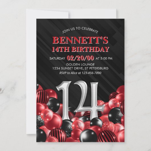 バルーン赤14誕生日 招待状 (正面)