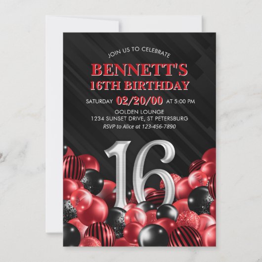バルーン赤16誕生日 招待状 (正面)
