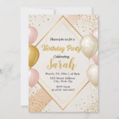 バルーン金ゴールドと赤面フローラ誕生日 招待状 (正面)