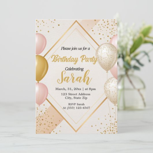 バルーン金ゴールドと赤面フローラ誕生日 招待状 (スタンド正面)