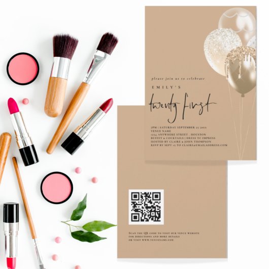 バルーン金ゴールドアイボリーQRコード21st誕生日パーティー 招待状