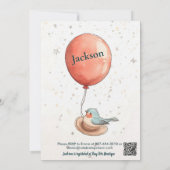 バルーン魅力的誕生日 – かわいい鳥の赤バルーン 招待状 (裏面)