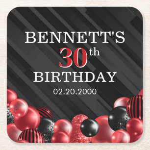 バルーン黒い赤い誕生日 スクエアペーパーコースター