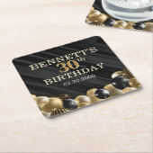 バルーン黒金ゴールド誕生日 スクエアペーパーコースター (アングル)