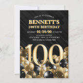 バルーン黒金ゴールド100番目の誕生日招待状 招待状 (正面)