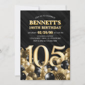 バルーン黒金ゴールド105番目の誕生日招待状 招待状 (正面)