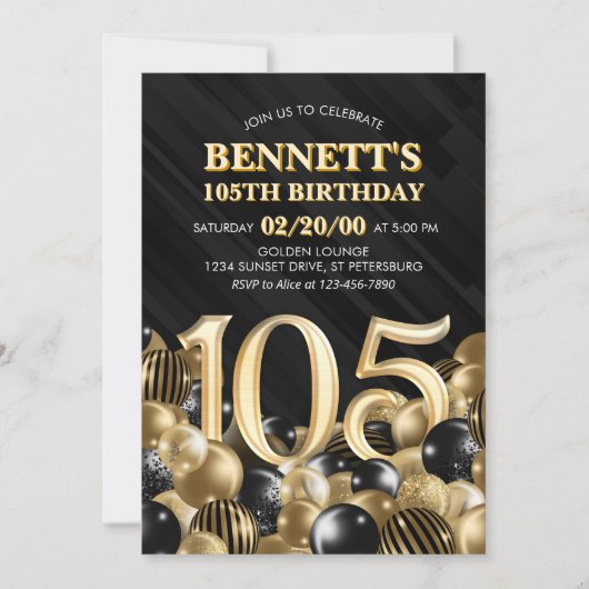 バルーン黒金ゴールド105番目の誕生日招待状 招待状 (正面)