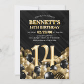 バルーン黒金ゴールド14誕生日 招待状 (正面)