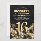 バルーン黒金ゴールド16誕生日 招待状 (正面)