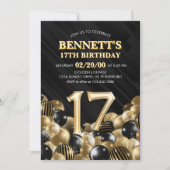 バルーン黒金ゴールド17誕生日 招待状 (正面)