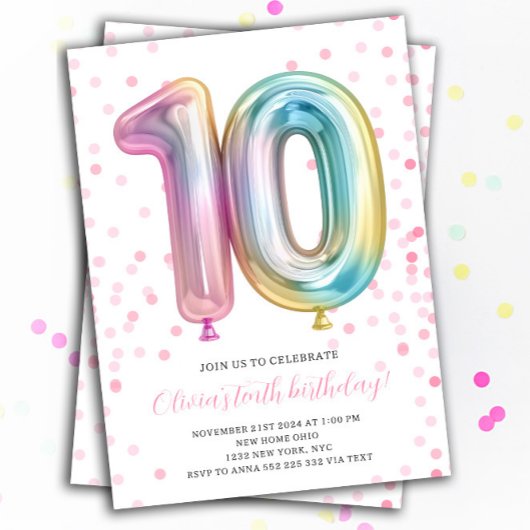 バルーン10th誕生日ガールパーティーナンバーレインボー 招待状