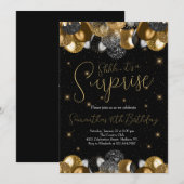 バルーン サプライズ バースデー ブラック ゴールド グリッター 招待状 (正面/裏面)
