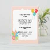 バルーン ピンク ボーダー ベビーガール おもちゃ 1歳の誕生日 招待状 (スタンド正面)